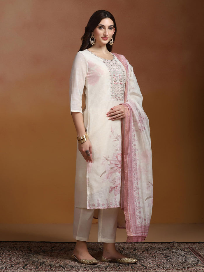 Women Linen Off White and Pink Embroidered Kurta Comfort Pant Dupatta.