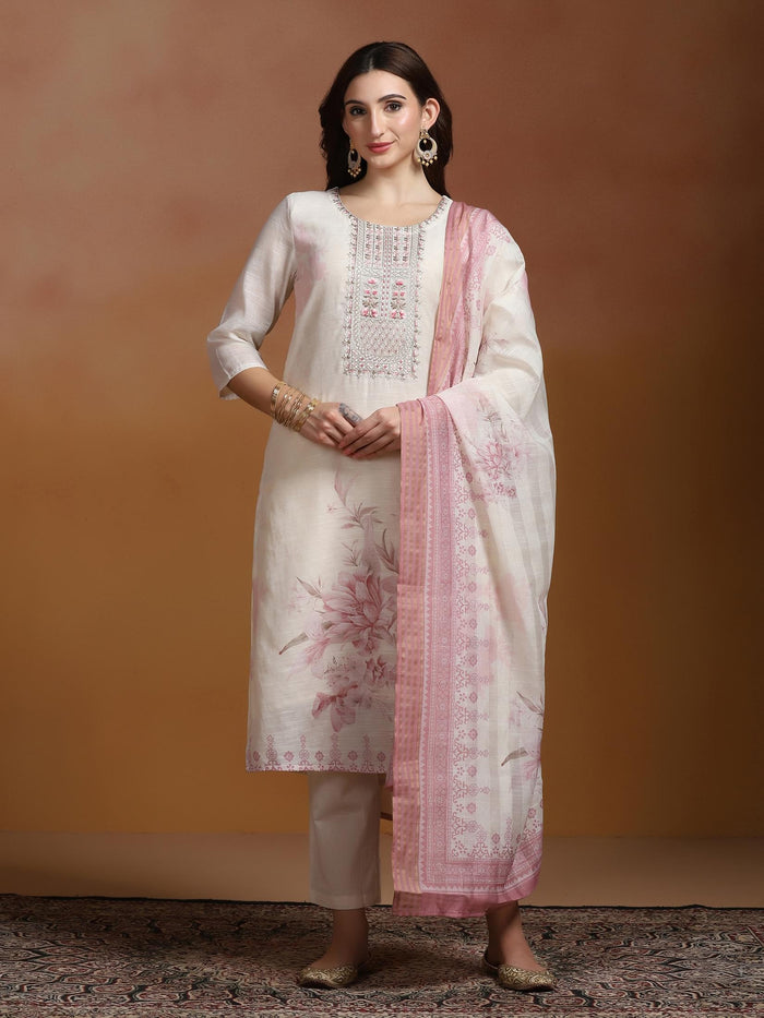 Women Linen Off White and Pink Embroidered Kurta Comfort Pant Dupatta.