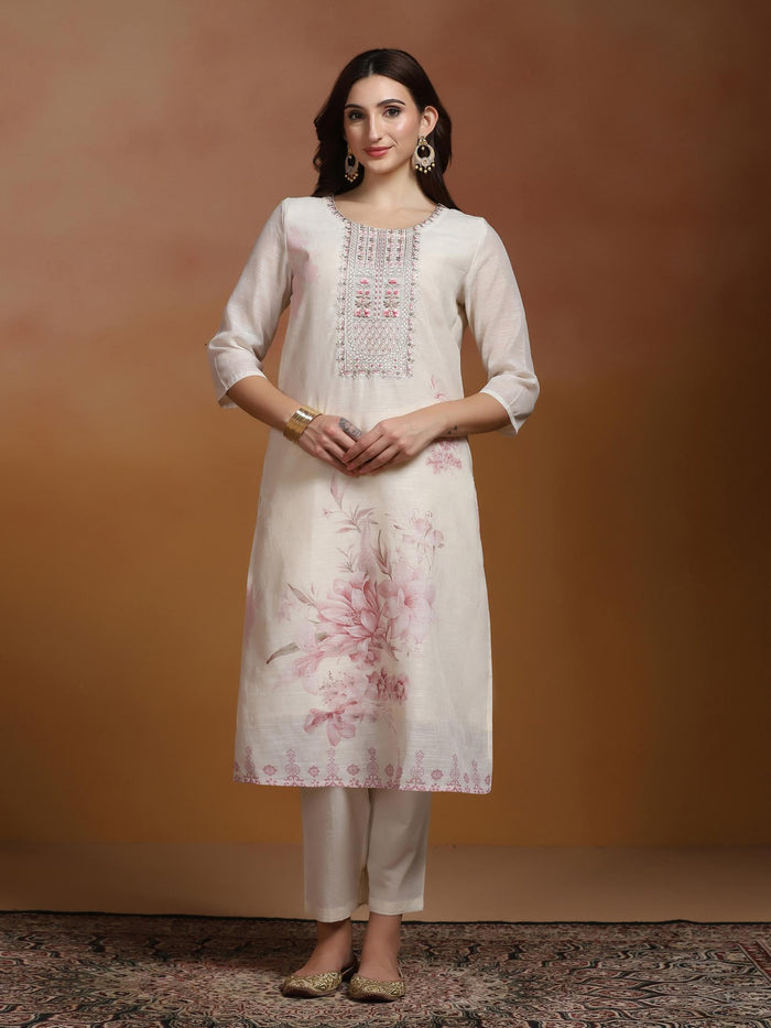 Women Linen Off White and Pink Embroidered Kurta Comfort Pant Dupatta.