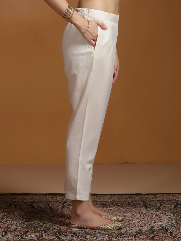 Women Linen Off White and Pink Embroidered Kurta Comfort Pant Dupatta.