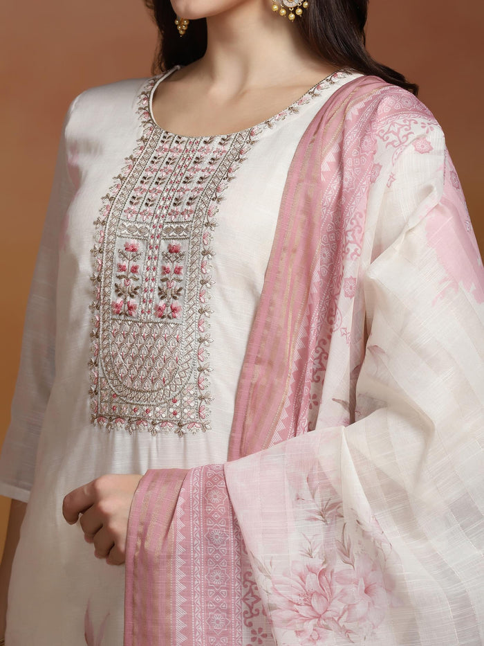 Women Linen Off White and Pink Embroidered Kurta Comfort Pant Dupatta.