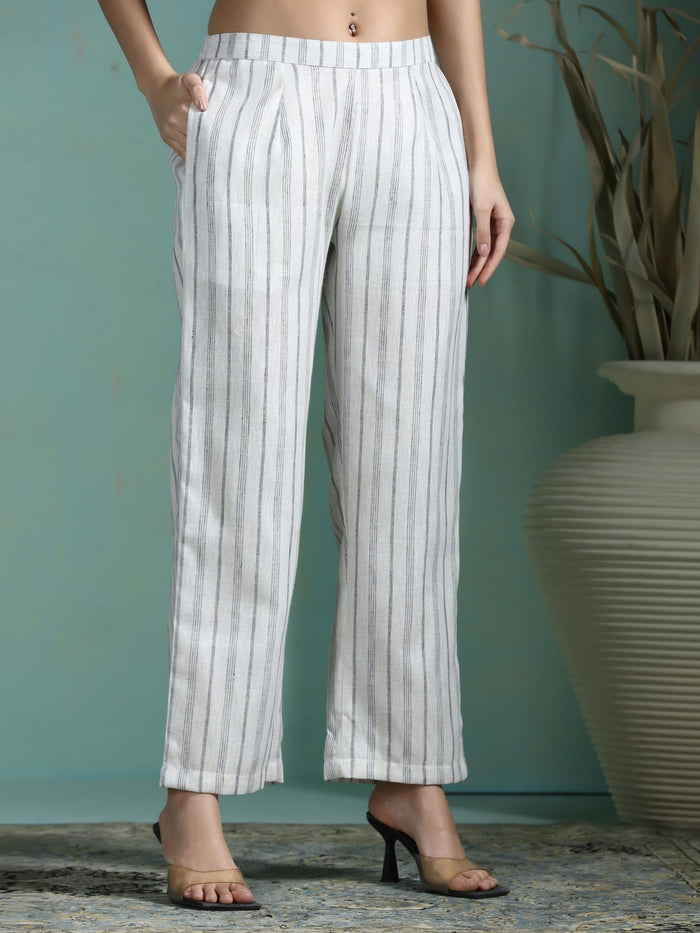Women Linen Off White Yarn Dyed Kurta With Comfort Pant.
