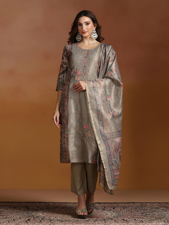 Women Linen Olive Embroidered Kurta Comfort Pant Dupatta.