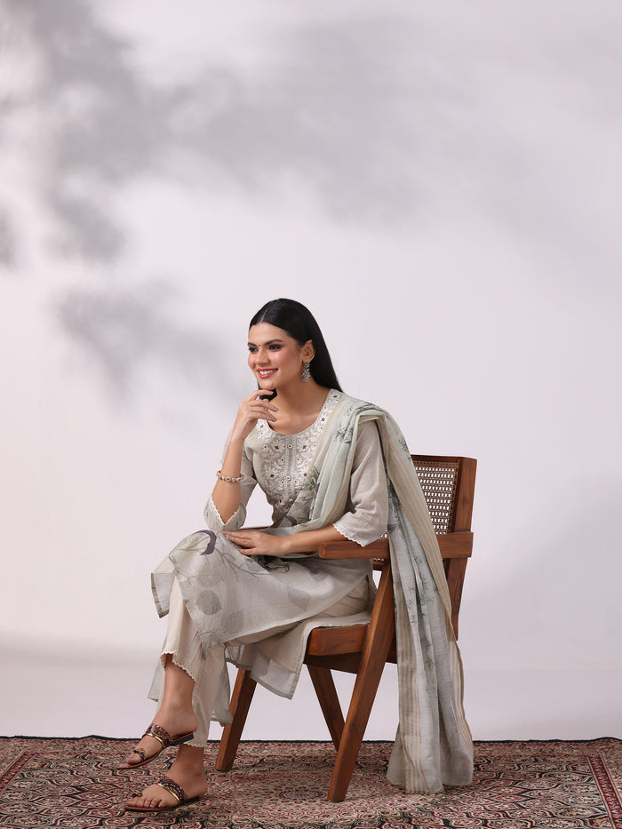 Women Linen Olive Embroidered Kurta Comfort Pant Dupatta