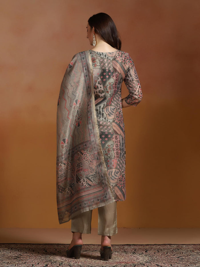 Women Linen Olive Embroidered Kurta Comfort Pant Dupatta.