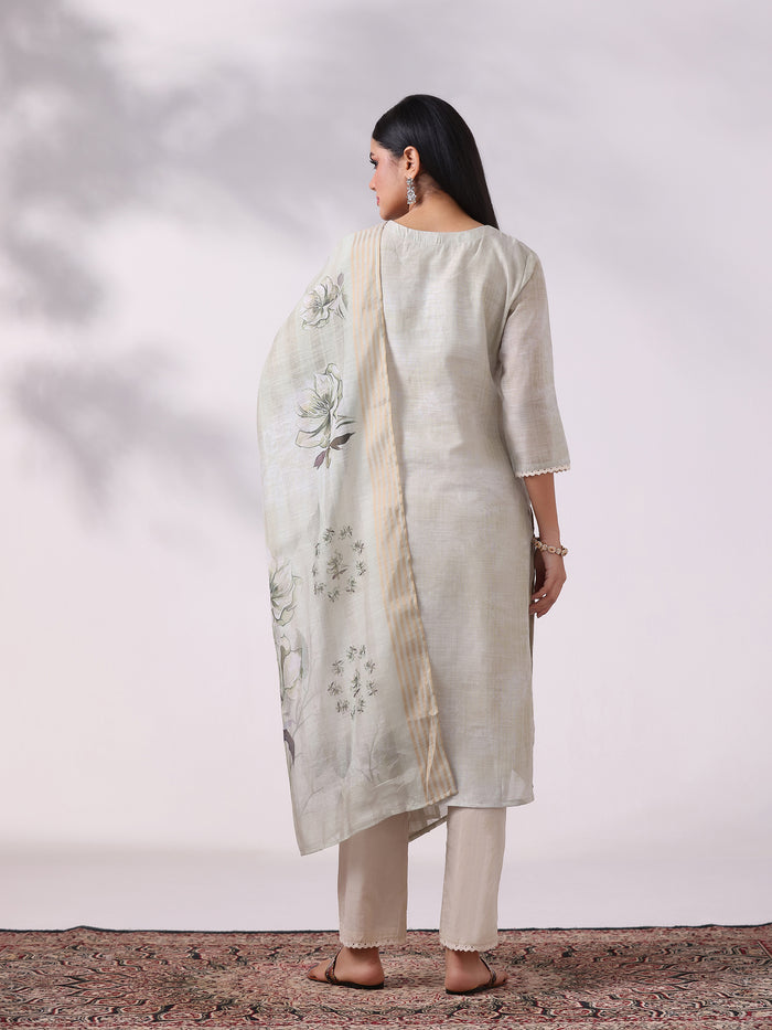 Women Linen Olive Embroidered Kurta Comfort Pant Dupatta