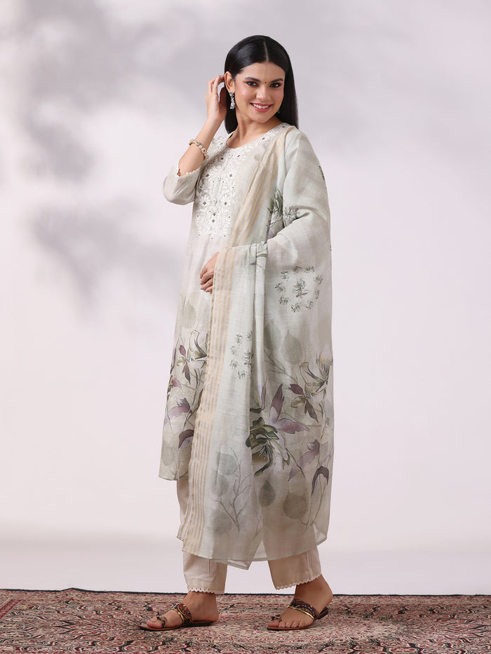 Women Linen Olive Embroidered Kurta Comfort Pant Dupatta