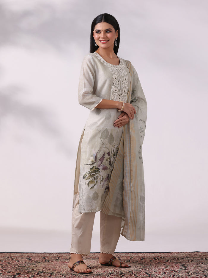 Women Linen Olive Embroidered Kurta Comfort Pant Dupatta