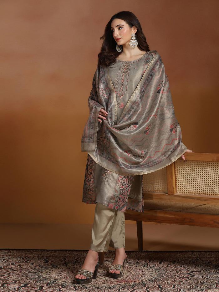 Women Linen Olive Embroidered Kurta Comfort Pant Dupatta.