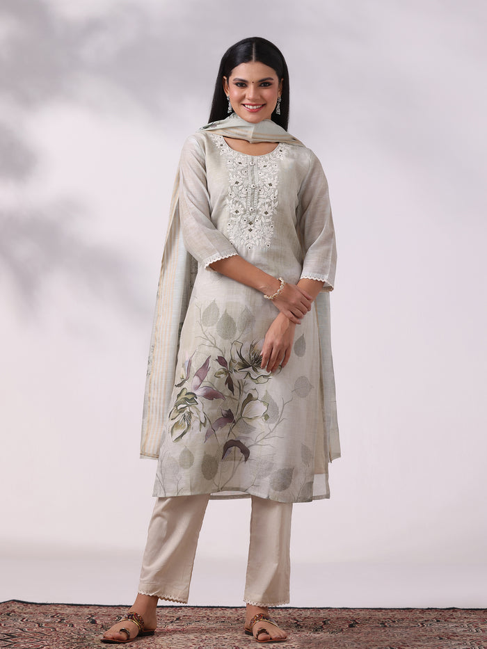 Women Linen Olive Embroidered Kurta Comfort Pant Dupatta