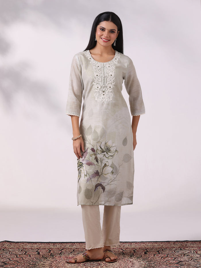 Women Linen Olive Embroidered Kurta Comfort Pant Dupatta