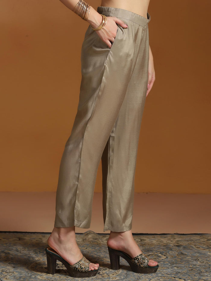 Women Linen Olive Embroidered Kurta Comfort Pant Dupatta.