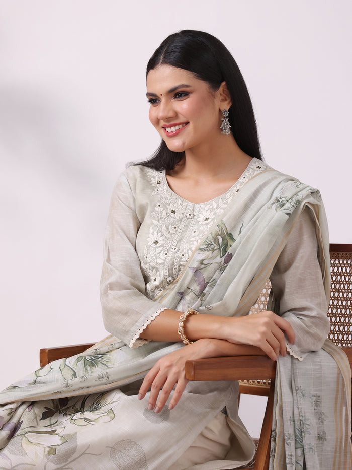 Women Linen Olive Embroidered Kurta Comfort Pant Dupatta