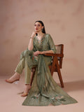 Women Linen Olive Embroidered Kurta Trouser Dupatta.