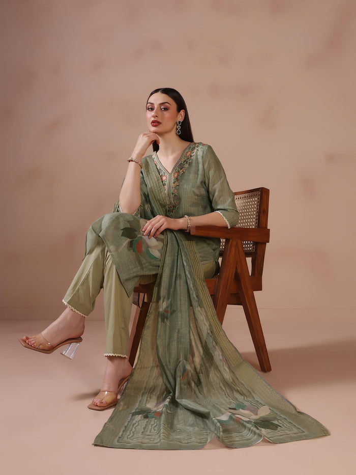 Women Linen Olive Embroidered Kurta Trouser Dupatta.