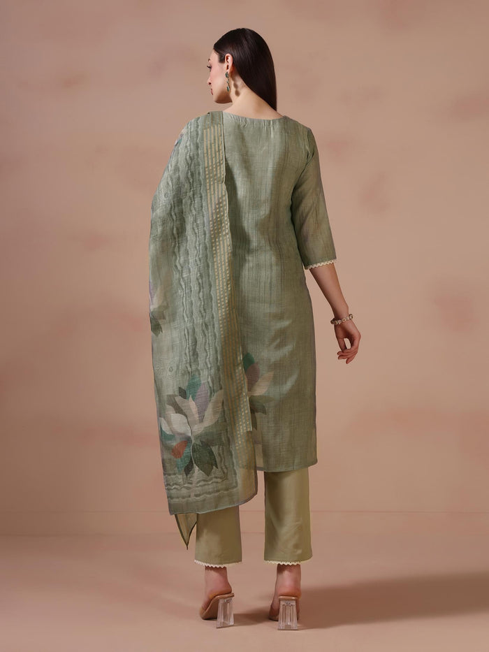 Women Linen Olive Embroidered Kurta Trouser Dupatta.