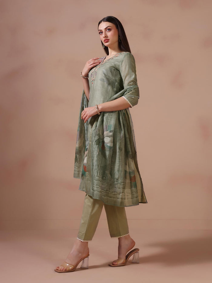 Women Linen Olive Embroidered Kurta Trouser Dupatta.