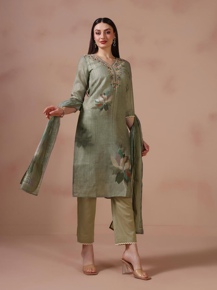 Women Linen Olive Embroidered Kurta Trouser Dupatta.