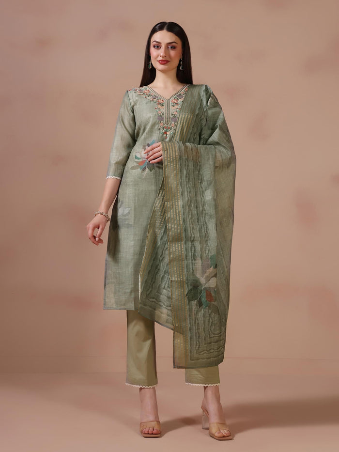 Women Linen Olive Embroidered Kurta Trouser Dupatta.