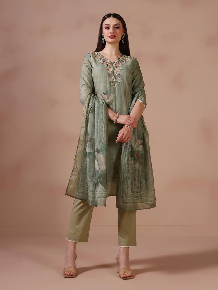 Women Linen Olive Embroidered Kurta Trouser Dupatta.
