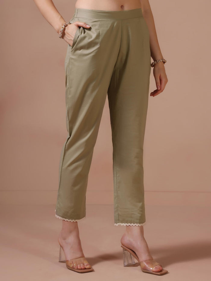 Women Linen Olive Embroidered Kurta Trouser Dupatta.