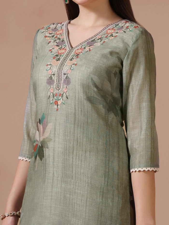 Women Linen Olive Embroidered Kurta Trouser Dupatta.