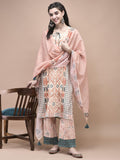 Women Linen Orange Ikat Print Kurta Comfort Pant Dupatta.