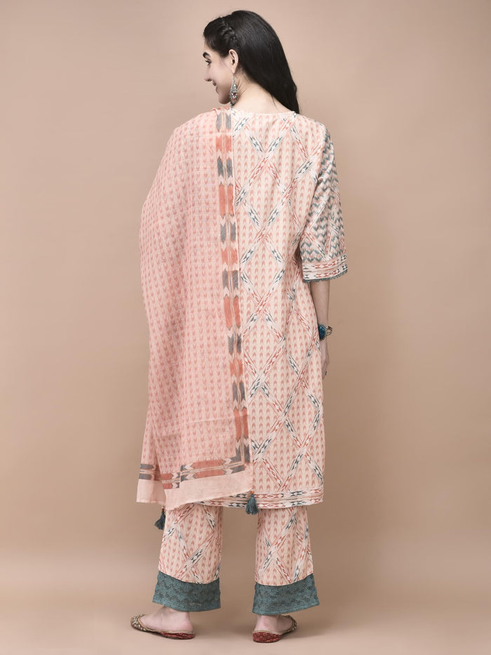 Women Linen Orange Ikat Print Kurta Comfort Pant Dupatta.