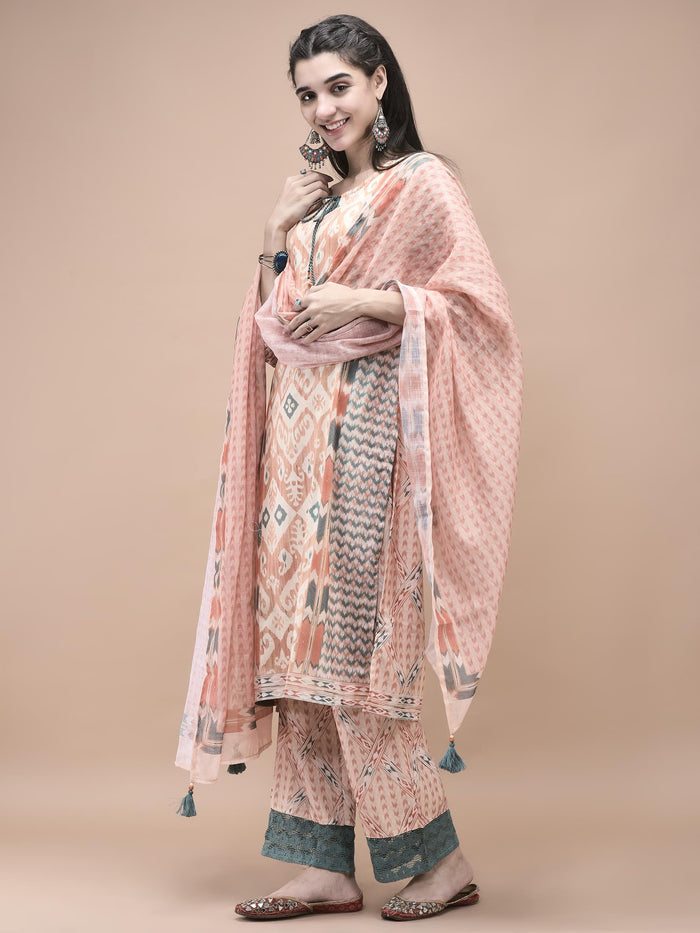 Women Linen Orange Ikat Print Kurta Comfort Pant Dupatta.