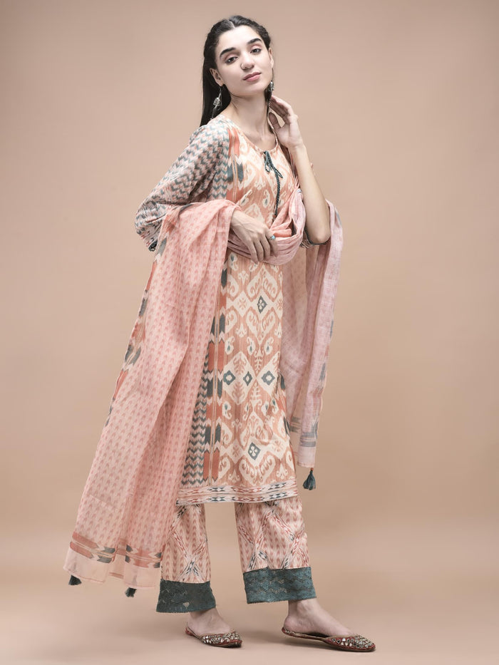 Women Linen Orange Ikat Print Kurta Comfort Pant Dupatta.