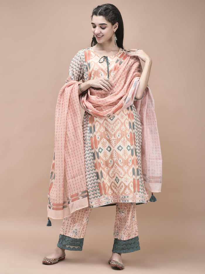 Women Linen Orange Ikat Print Kurta Comfort Pant Dupatta.