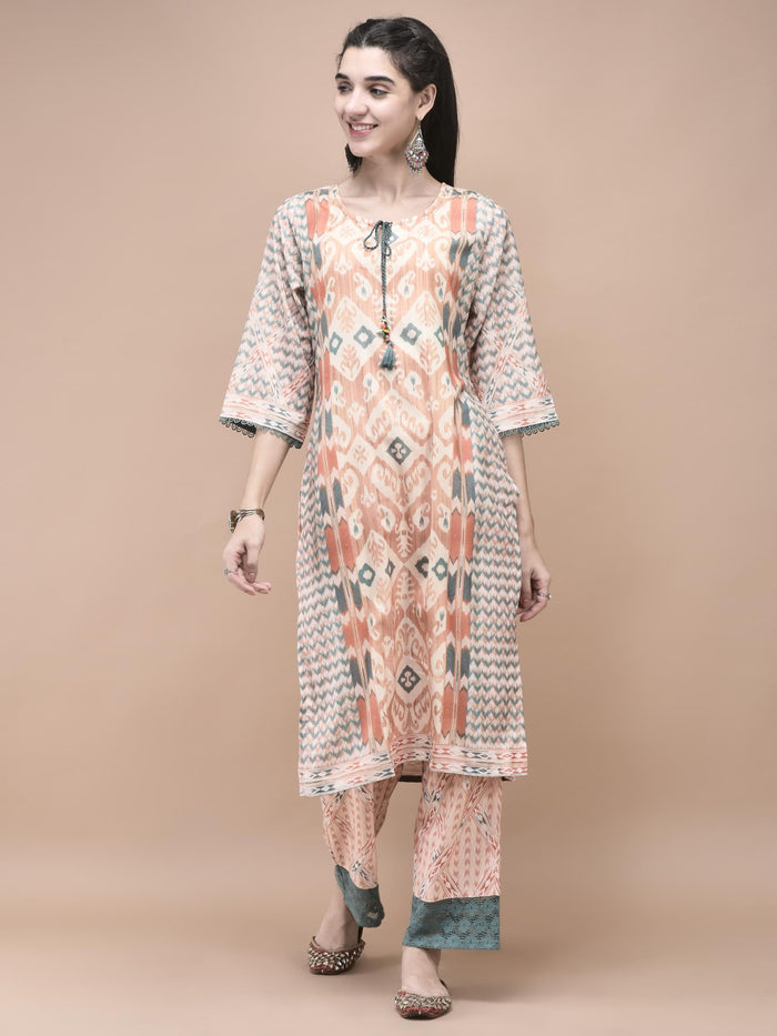 Women Linen Orange Ikat Print Kurta Comfort Pant Dupatta.