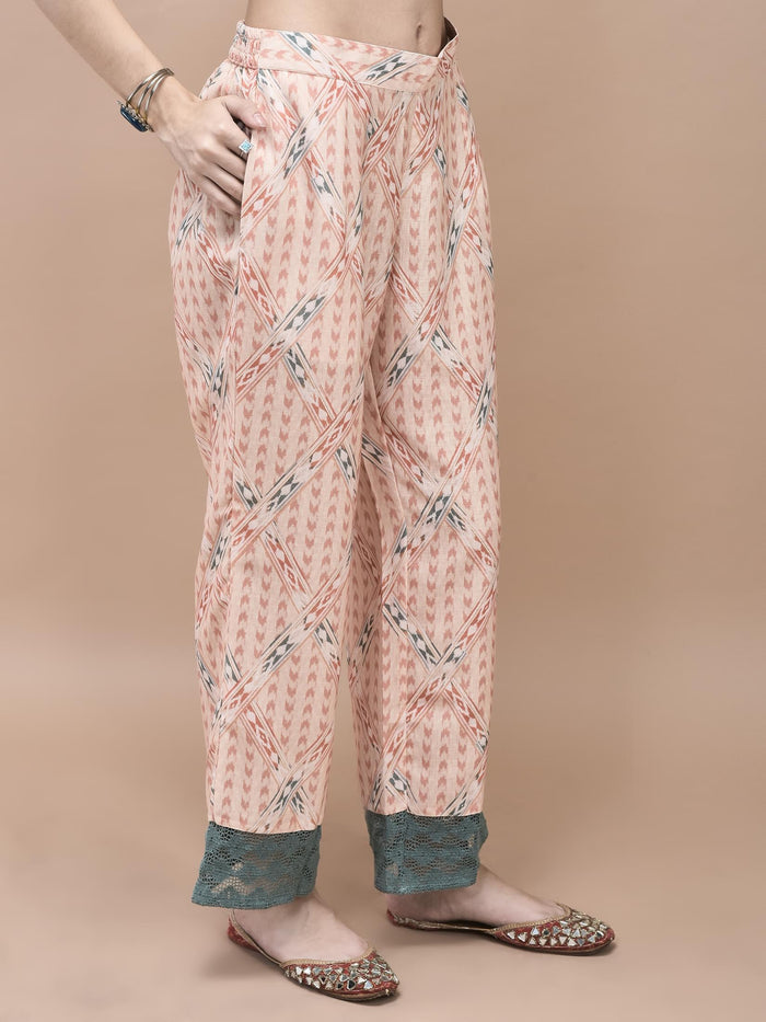 Women Linen Orange Ikat Print Kurta Comfort Pant Dupatta.