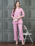 Women Linen Pink Solid Co-Ord Set.