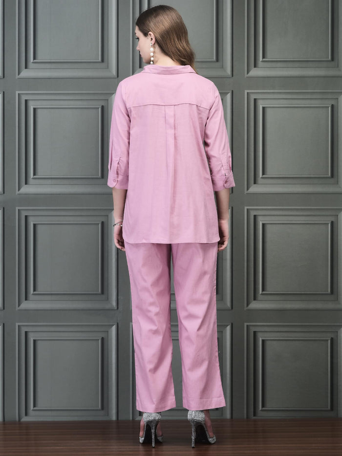 Women Linen Pink Solid Co-Ord Set.