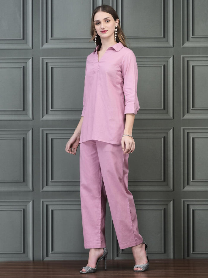 Women Linen Pink Solid Co-Ord Set.