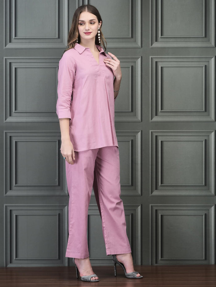 Women Linen Pink Solid Co-Ord Set.