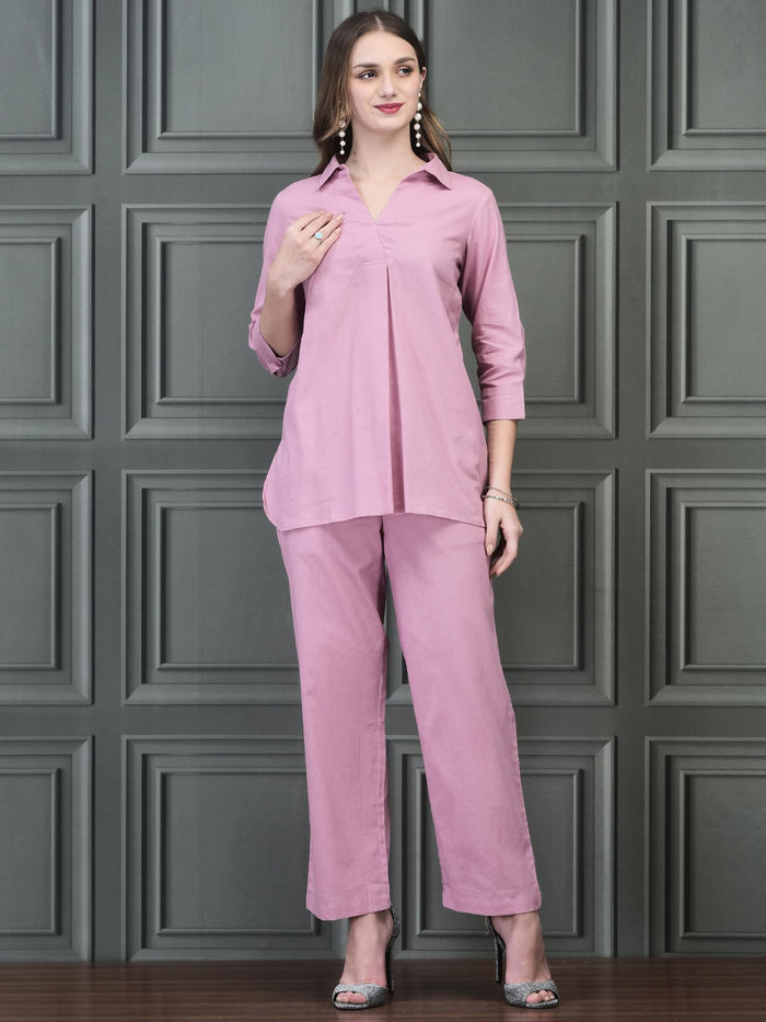 Women Linen Pink Solid Co-Ord Set.