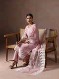 Women Linen Pink Solid embroidered Kurta Comfort Pant Dupatta.