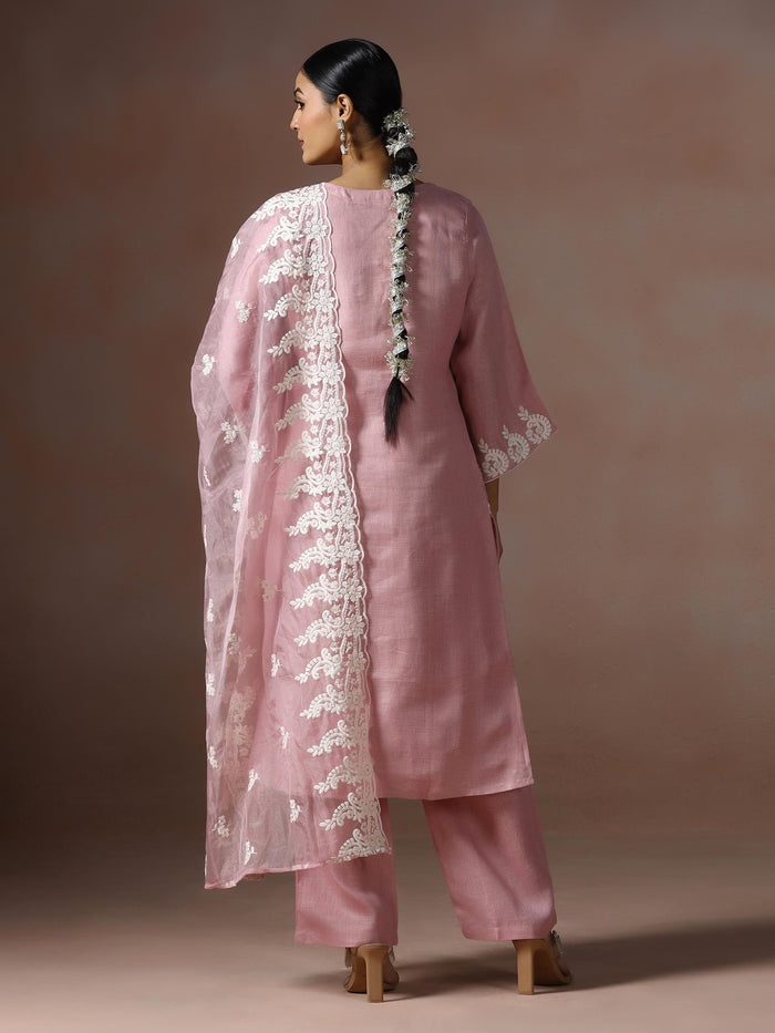 Women Linen Pink Solid embroidered Kurta Comfort Pant Dupatta.