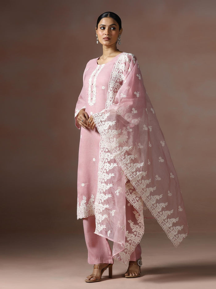 Women Linen Pink Solid embroidered Kurta Comfort Pant Dupatta.