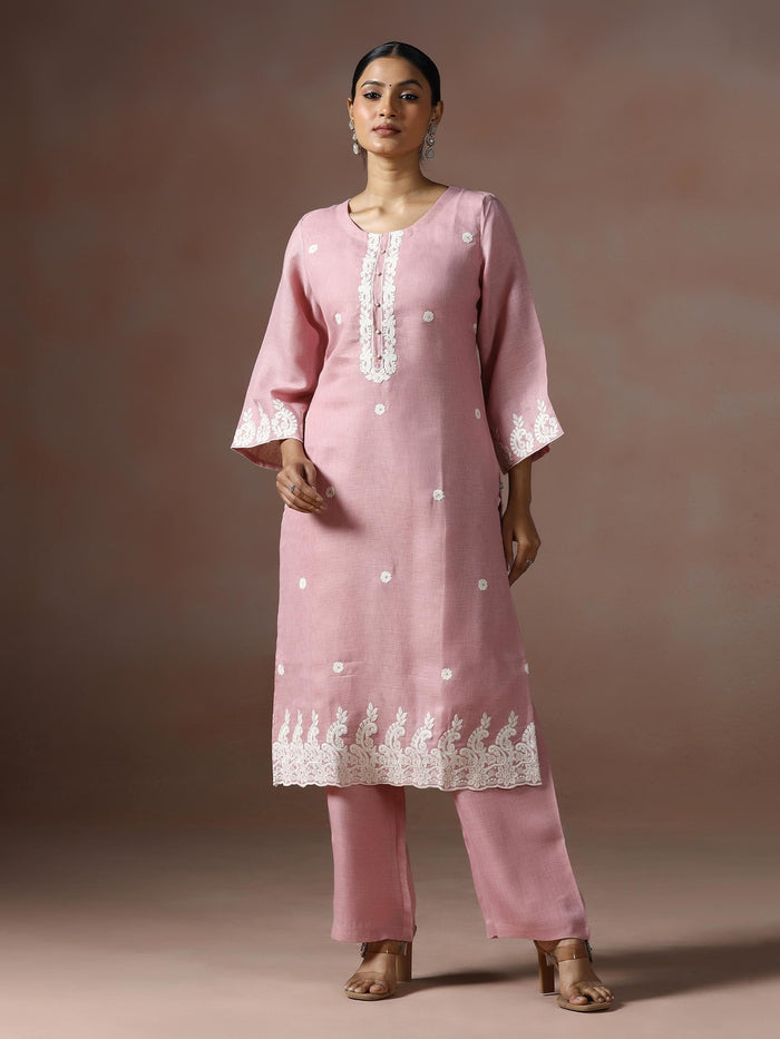 Women Linen Pink Solid embroidered Kurta Comfort Pant Dupatta.