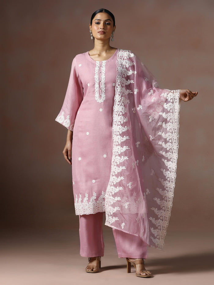 Women Linen Pink Solid embroidered Kurta Comfort Pant Dupatta.