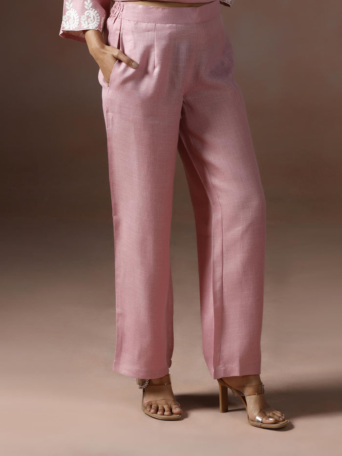 Women Linen Pink Solid embroidered Kurta Comfort Pant Dupatta.