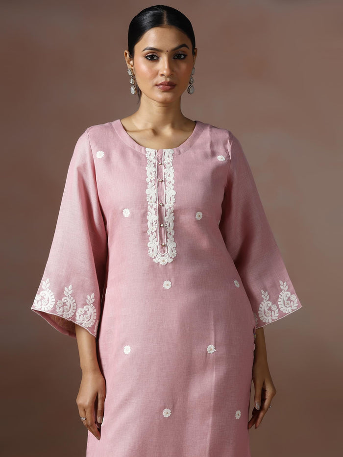 Women Linen Pink Solid embroidered Kurta Comfort Pant Dupatta.