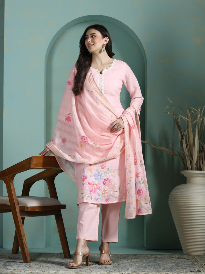 Women Linen Pink Solid Kurta Comfort Pant Dupatta.