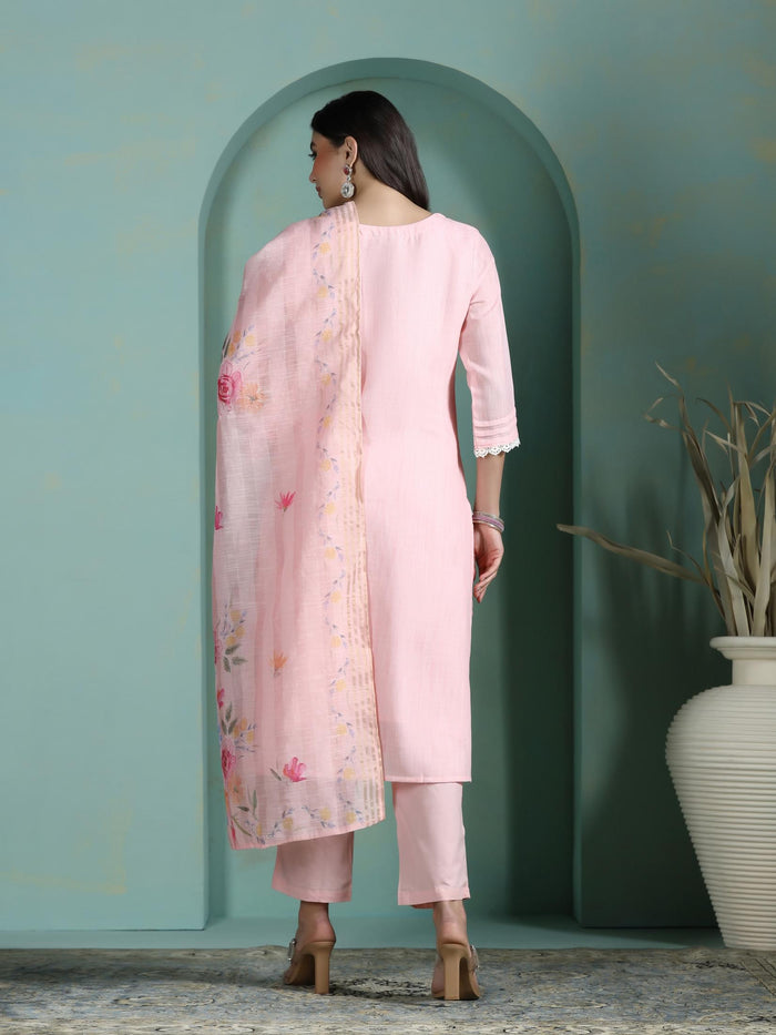 Women Linen Pink Solid Kurta Comfort Pant Dupatta.