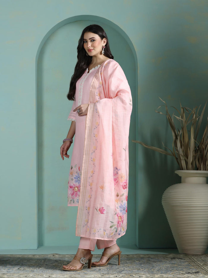 Women Linen Pink Solid Kurta Comfort Pant Dupatta.