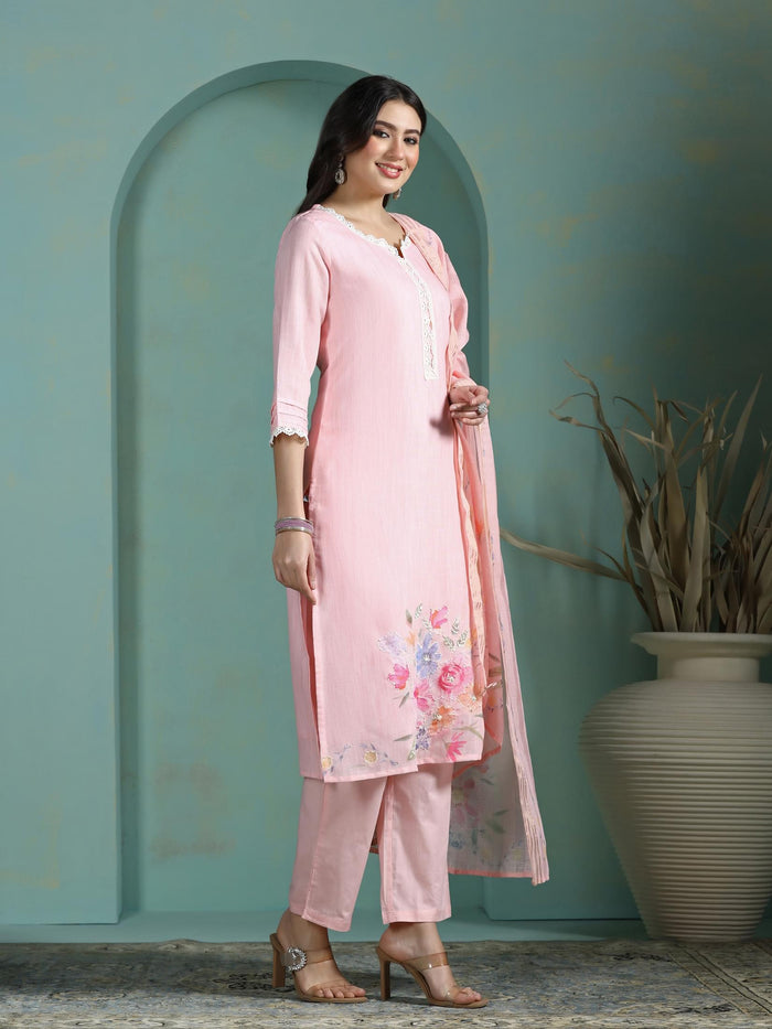 Women Linen Pink Solid Kurta Comfort Pant Dupatta.