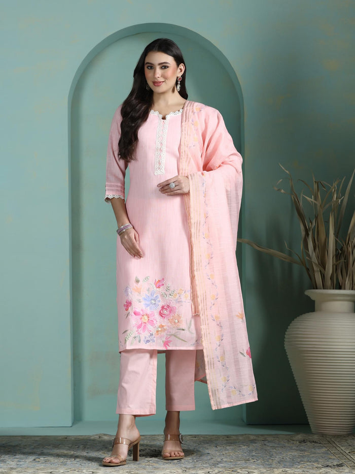 Women Linen Pink Solid Kurta Comfort Pant Dupatta.